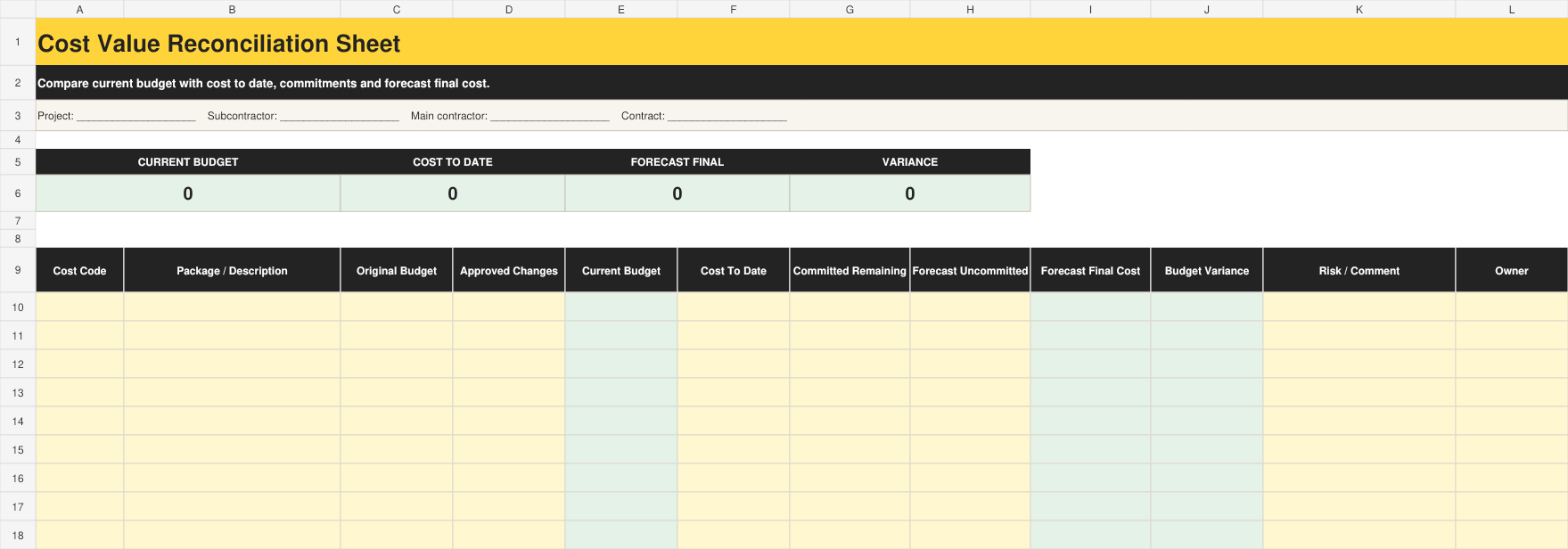 Full preview of the Cost Value Reconciliation Sheet workbook