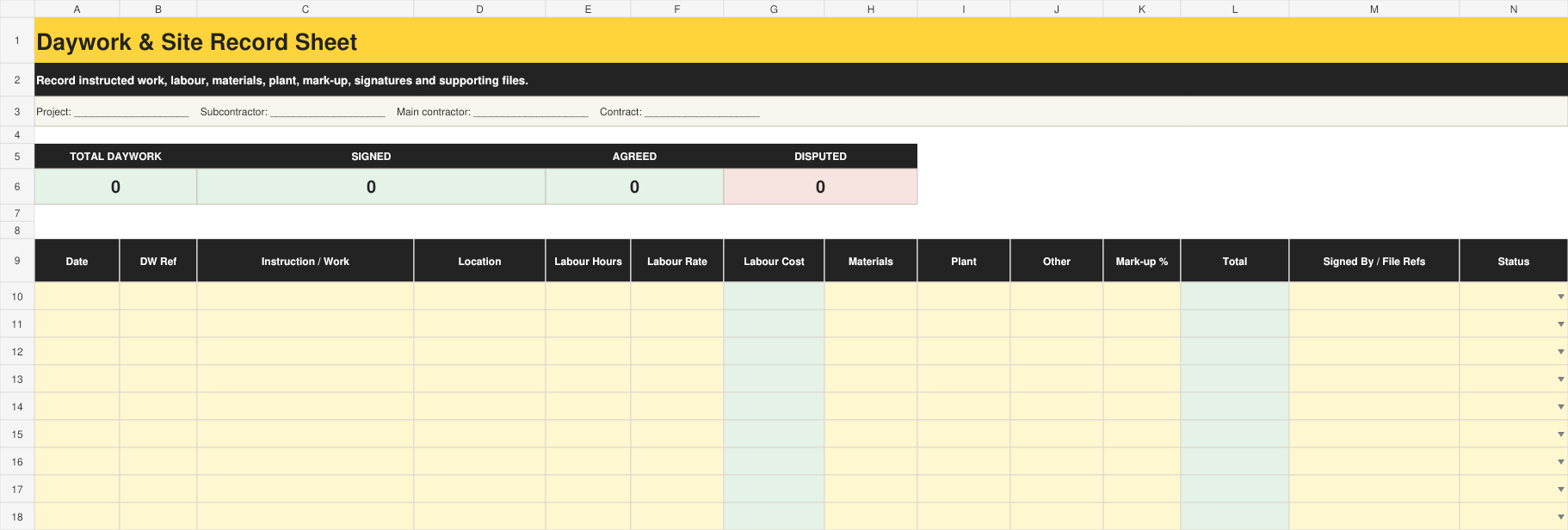 Full preview of the Daywork & Site Record Sheet workbook