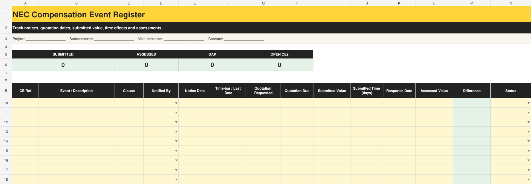 Full preview of the NEC Compensation Event Register workbook