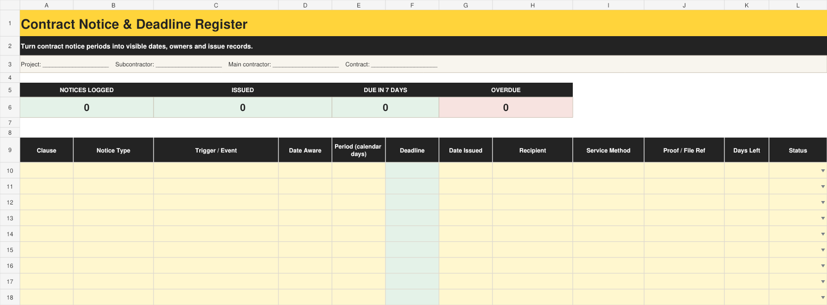 Full preview of the Contract Notice & Deadline Register workbook
