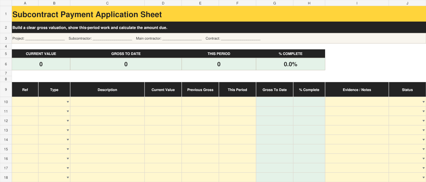 Full preview of the Subcontract Payment Application Sheet workbook