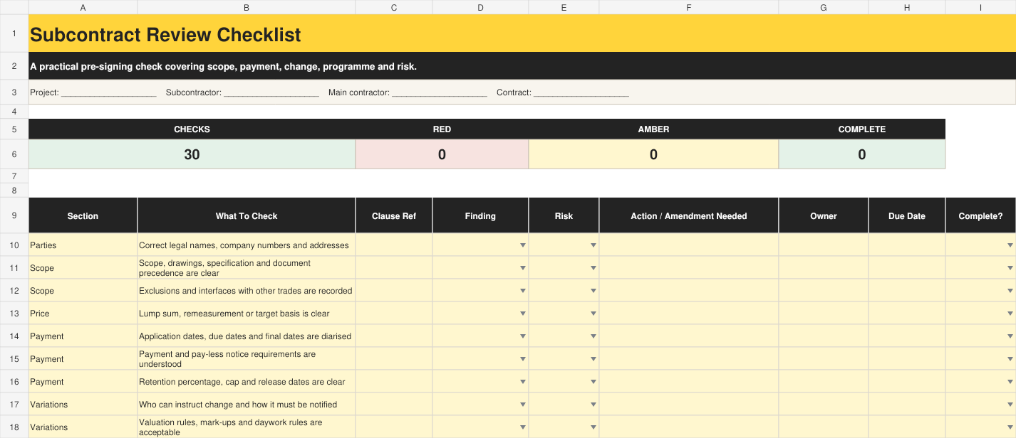 Full preview of the Subcontract Review Checklist workbook