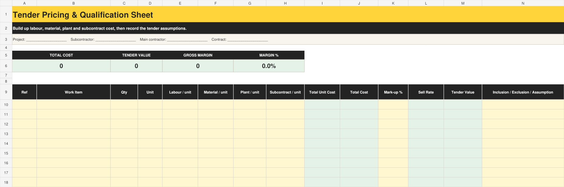 Full preview of the Tender Pricing & Qualification Sheet workbook