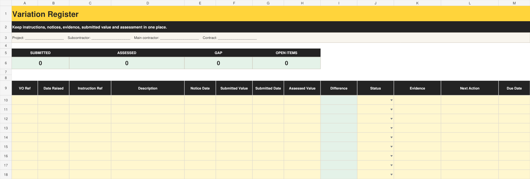 Full preview of the Variation Register workbook