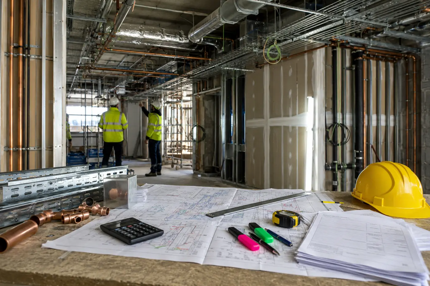 UK building-services installation with M&E drawings, trade samples and final-account records