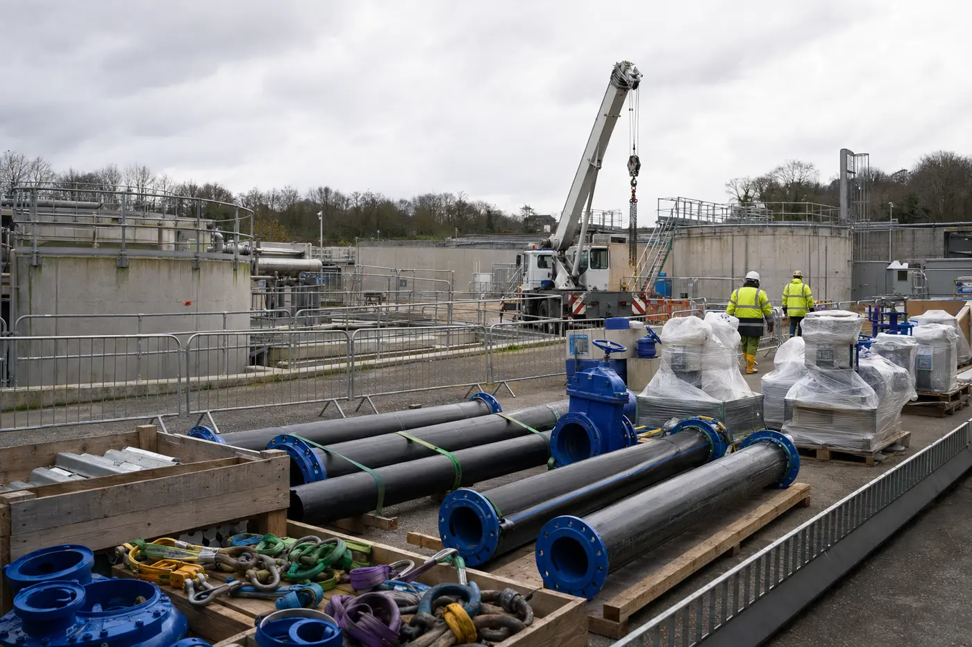 UK water-treatment package with stored pipework, valves, lifting plant and subcontractor PPE