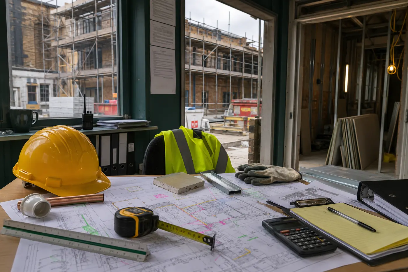 UK specialist-trade site office with marked-up drawings, calculator, PPE and variation records